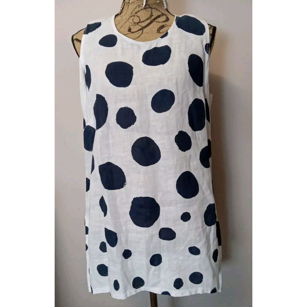 Banana Blue Women White Blue Polka Dot Linen‎ Slit Side Tunic Dress Size S